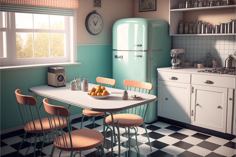 Image of Retro Kitchen and Dining Table Interiors, Created Using