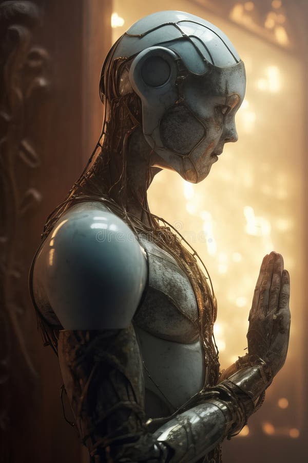 An image of a robot praying in front of a window generative ai