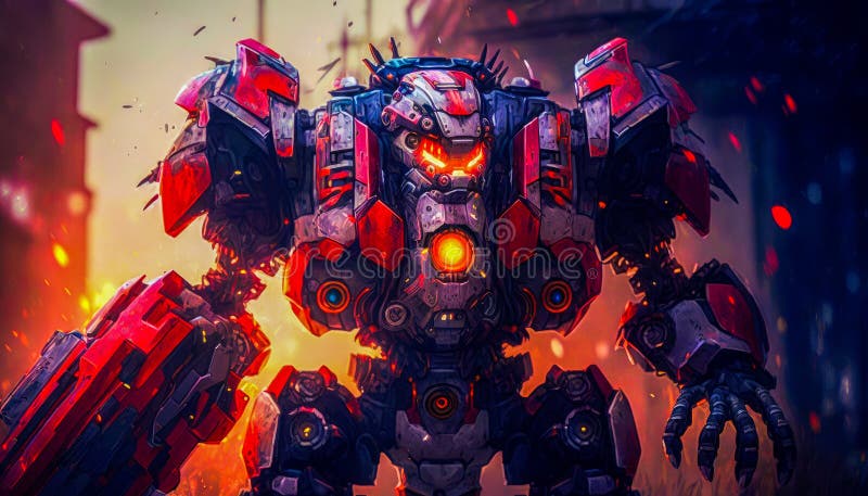 An Image of Robot with Red and Orange Lights. Generative AI Stock