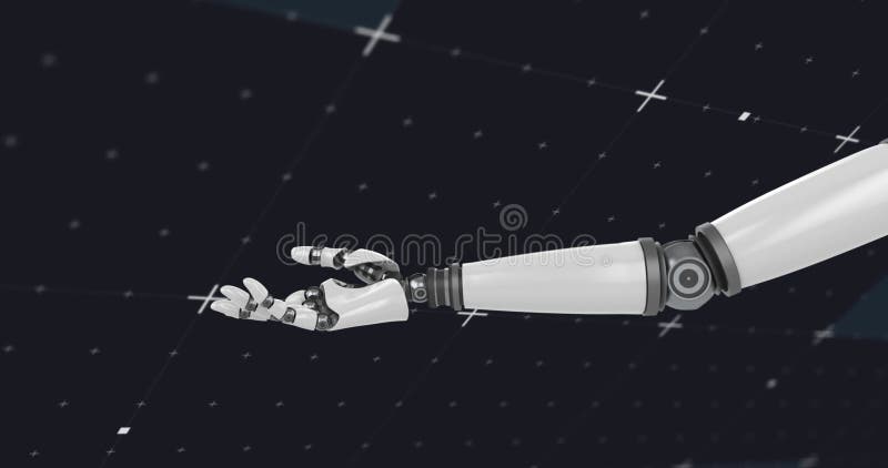 Image of robot s arm over white markers and grid on black background. global technology, networking and digital interface concept digitally generated image.