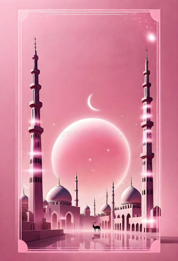 AI generated of a pink image of a mosque with a moon in the background. AI generated of a pink image of a mosque with a moon in the background