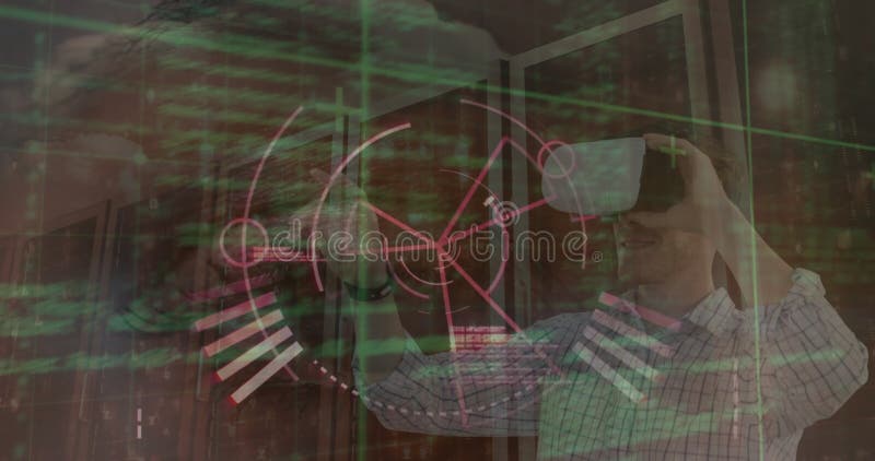 Image of round scanner and data processing over caucasian man wearing vr headset at office royalty free stock photography