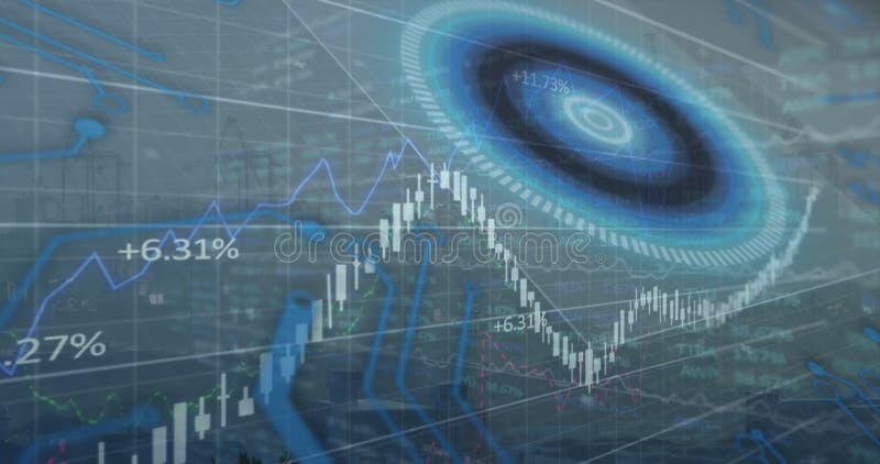 Image of round scanner over stock market data processing against aerial view of cityscape royalty free stock photo