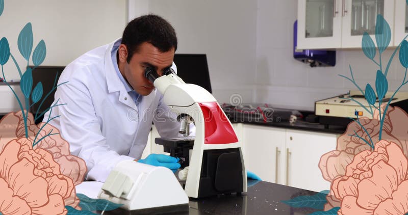 Image of scientific data processing over male caucasian scientist using microscope in laboratory royalty free stock photos