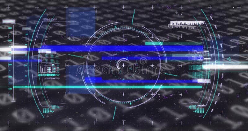Image of scope scanning, binary code and data processing on black background stock images
