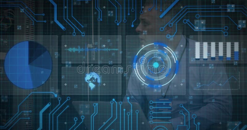 Image of scope scanning and data processing over caucasian male it technician by computer server. global computing and data processing concept digitally generated image
