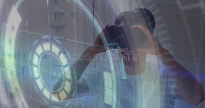 Image of scope scanning with glitch and man using vr headset royalty free stock images