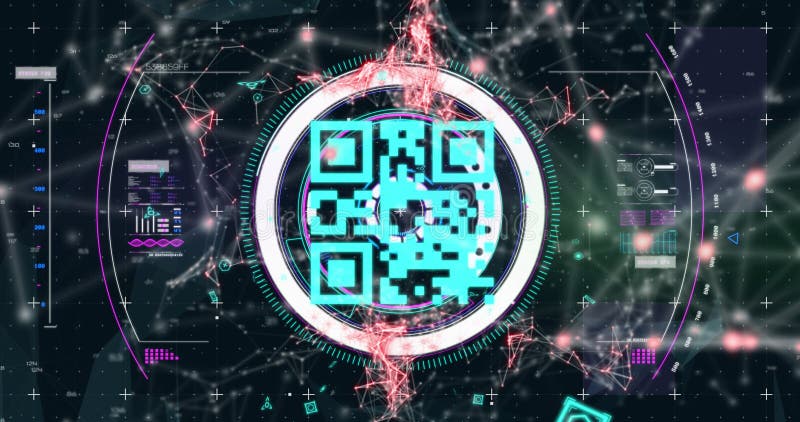 Image of scope scanning and qr code online security with network of connections in background vector illustration