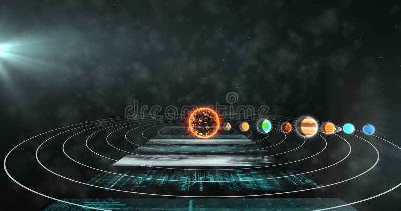 Image of screens with data processing over equations and solar system stock illustration