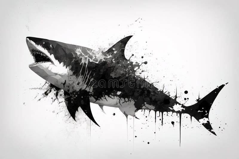 Image of a shark drawing using a brush and black ink on white background. Sea animals. Illustration, generative AI.