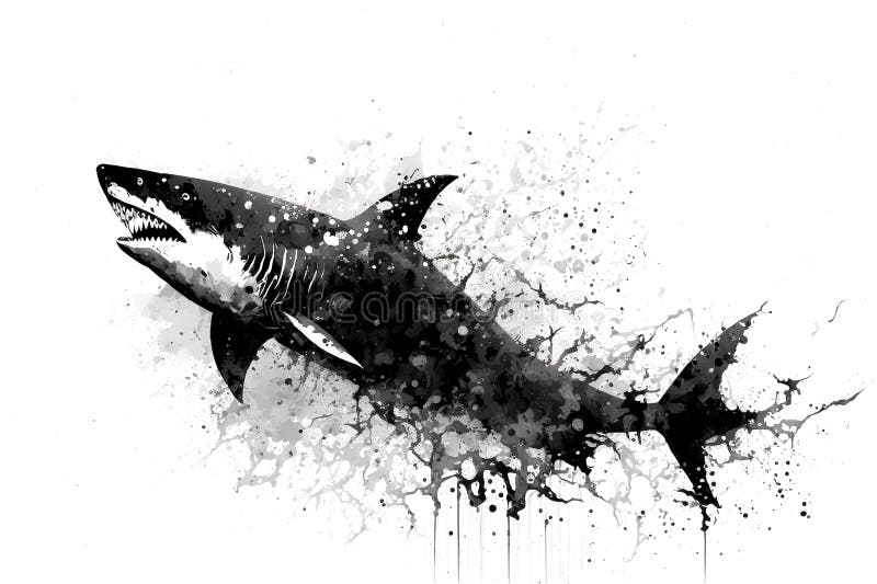 Image of a shark drawing using a brush and black ink on white background. Sea animals. Illustration, generative AI.