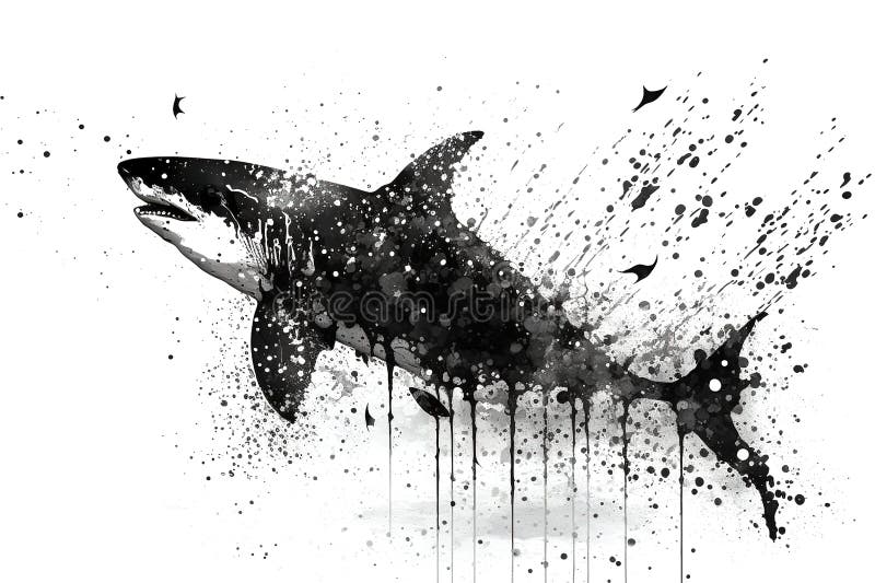 Image of a shark drawing using a brush and black ink on white background. Sea animals. Illustration, generative AI.