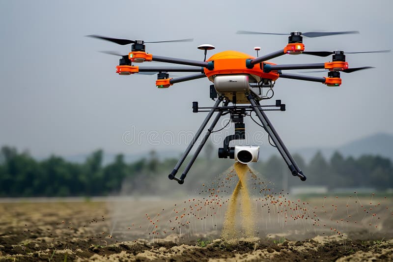Agricultural Drone Performing Precision Seeding Operation. The image showcases an advanced, orange and black hexacopter drone equipped with a precision seeding mechanism. The drone is in flight above a field, dispensing seeds in a controlled pattern. The dispersion of the seeds is visible as a light brown stream falling to the ground. The background indicates a field and a distant, slightly hazy, landscape under a grey sky. The entire scene conveys a sense of technological advancement applied to modern farming practices for efficient and precise crop planting.