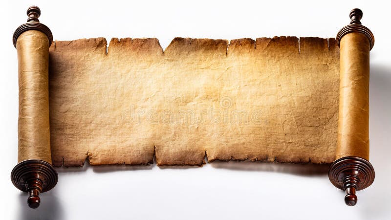 An ancient scroll in a horizontal position, unrolled on a white background. This image showcases an ancient scroll unfurled horizontally against a pristine white background. The scroll features aged parchment with delicate inscriptions and artistic elements, conveying a sense of history and mystery. This image is ideal for use in educational materials, decorative projects, or as a backdrop for themed designs.