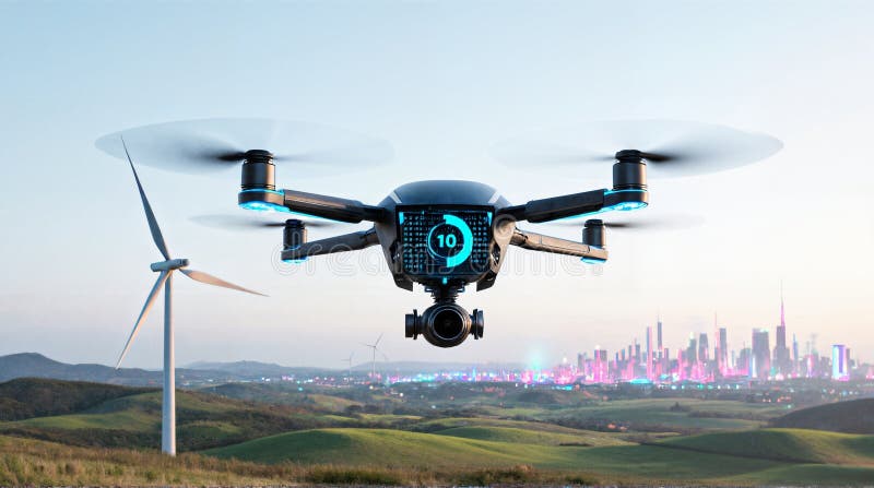 Innovative Drone Hovering Over Futuristic Landscape royalty free illustration