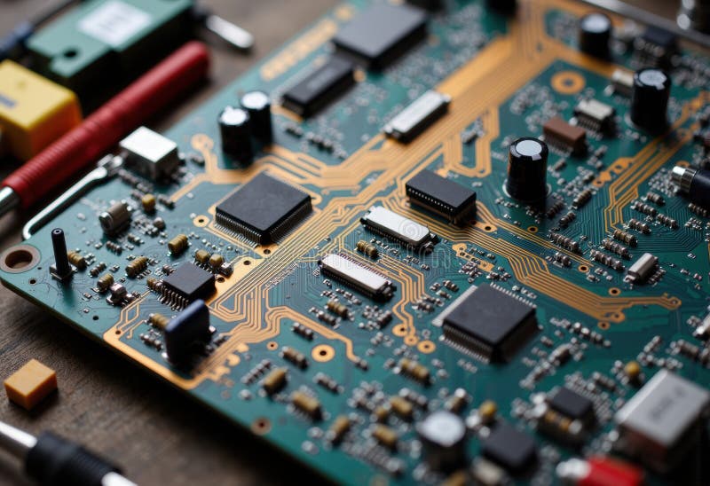 Close-up of a complex electronic circuit board with various components vector illustration