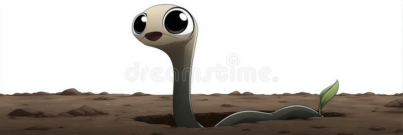 Curious Cartoon Worm Emerging from Soil stock illustration