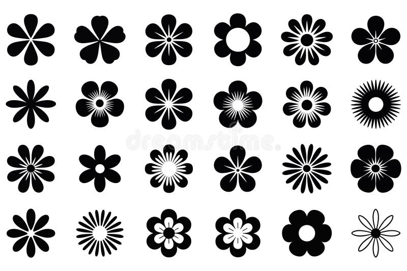 Collection of twenty four black and white flower icons