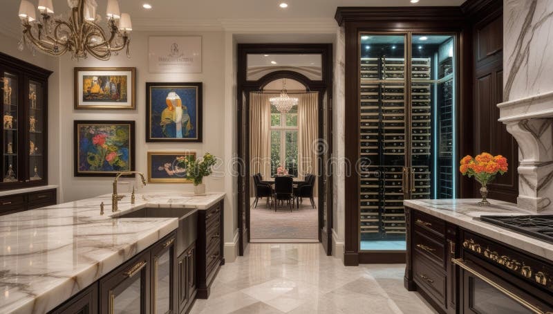 Elegant kitchen design with marble countertops and wine storage creates a luxurious ambiance royalty free illustration