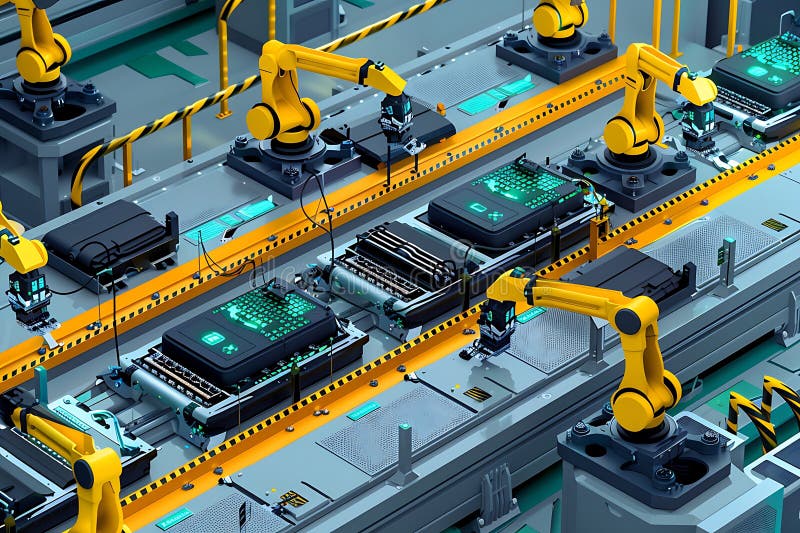 Automated Manufacturing Assembly Line with Robotic Arms royalty free illustration