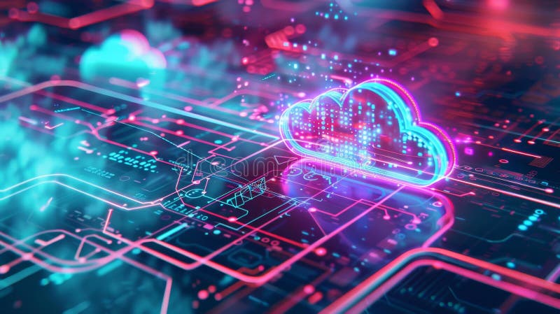 Futuristic Cloud Computing Concept with Digital Interface, Generative AI stock illustration