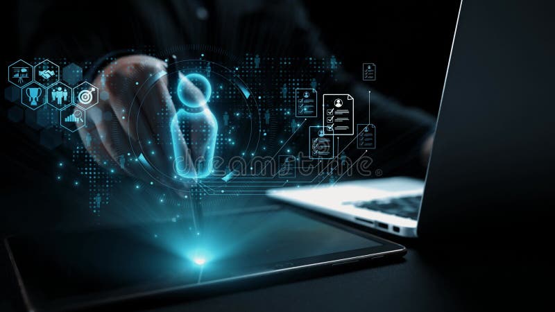 Futuristic Digital Interface with Touchscreen and Data Visualization Concepts in Modern Workspace Environment. Qubit stock illustration