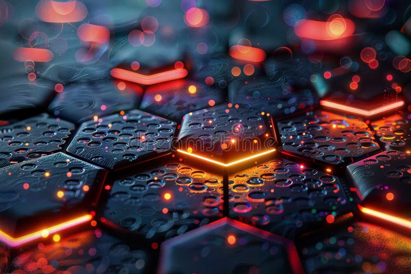 Hexagonal Circuit Board: Vibrant Red and Blue Lights with 3D Water Droplets, generative ai vector illustration