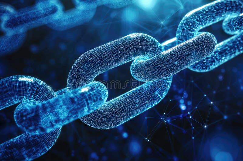 Blue Digital Chain Links with Glowing Network Connections Illustrating the Concept of Blockchain Technology, Security stock images