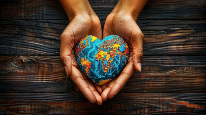 Global Love: Human Hands Shaping World Map Heart Pattern vector illustration