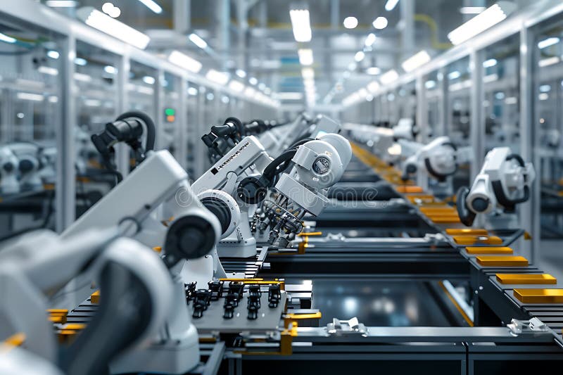Automated Assembly Line with Industrial Robots in Modern Factory stock illustration
