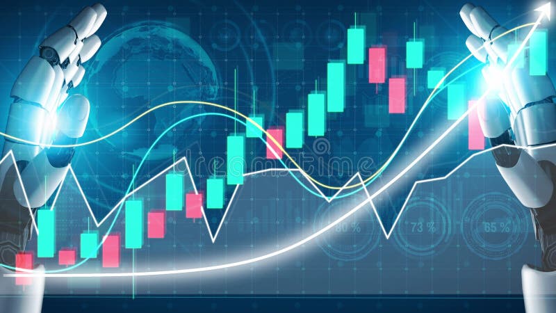 Human-like robotic hands interacting with financial data charts, symbolizing technology integration in finance royalty free illustration