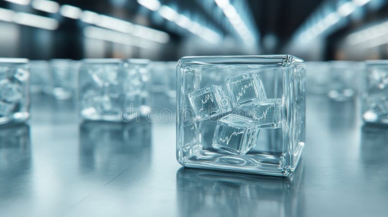Crystal-clear ice cubes encased in a larger ice block on a reflective surface, AI stock photography