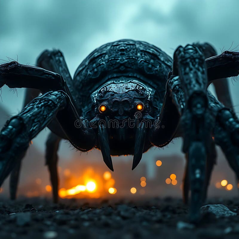 The image showcases a large, mechanical spider with a sleek, dark exterior, emphasizing its intimidating presence. stock illustration