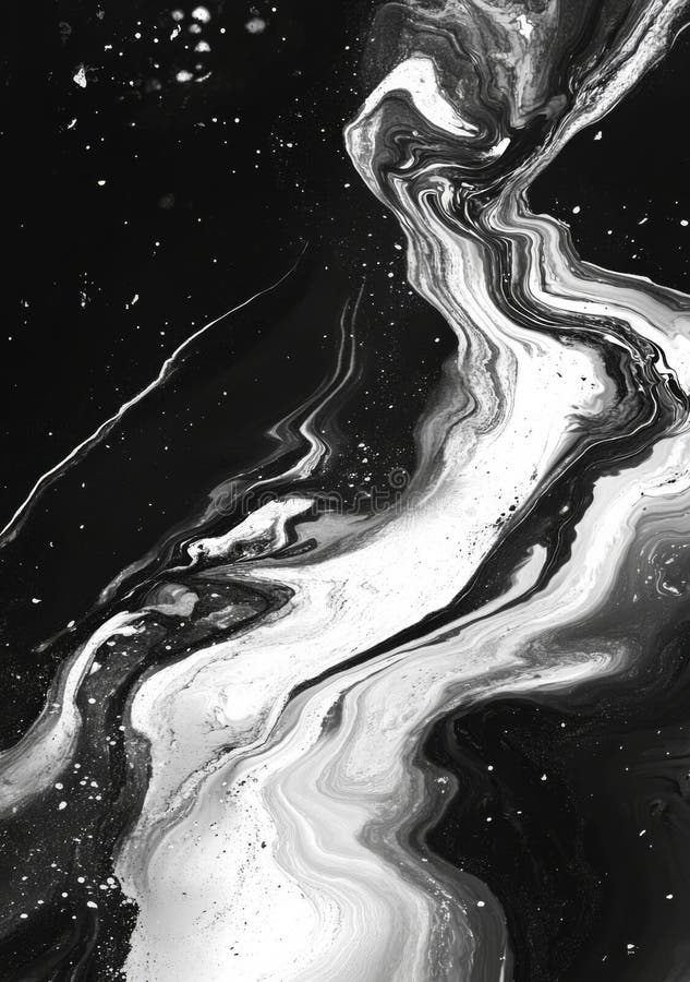 Monochrome abstract fluid art with black and white swirls and dynamic patterns