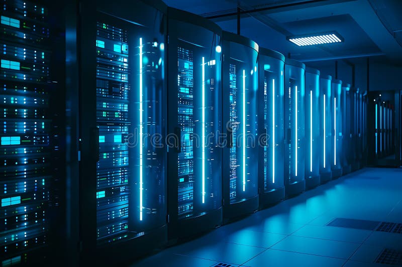Modern Data Center Server Room with Illuminated Racks stock illustration