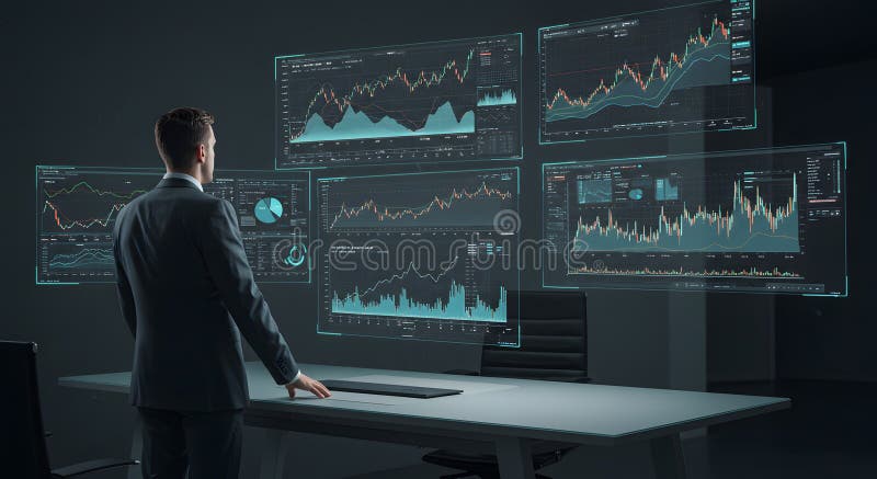 Modern Financial Analyst Workspace With Graphs stock illustration
