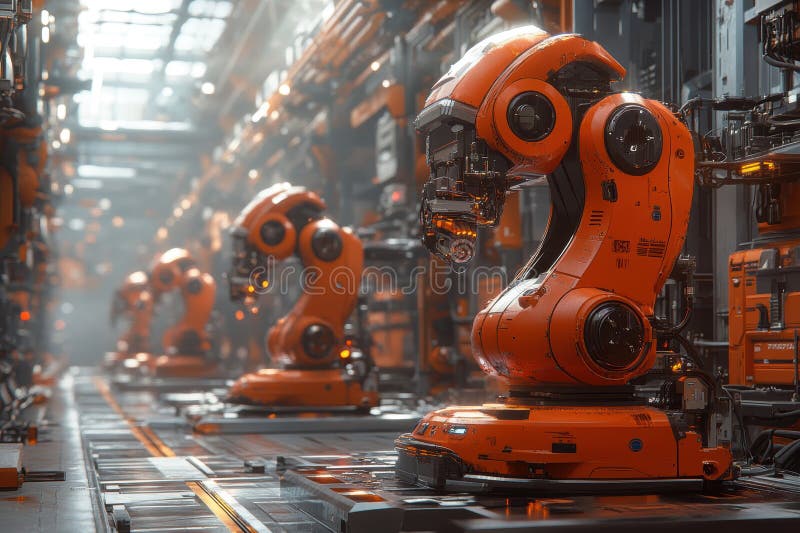 Robots working in a large factory environment during daytime operations stock photography