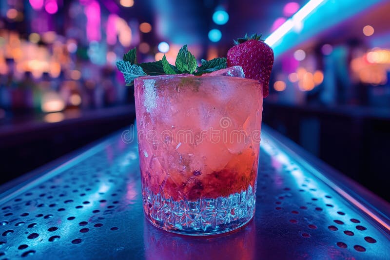 Refreshing Strawberry Mint Cocktail with Ice on Bar Counter in Neon Lighting vector illustration