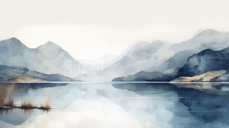 Grayscale Watercolor Painting, 10 Mountain and Lake Landscapes