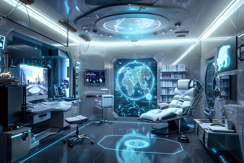Futuristic Office Space Design with Advanced Technology vector illustration