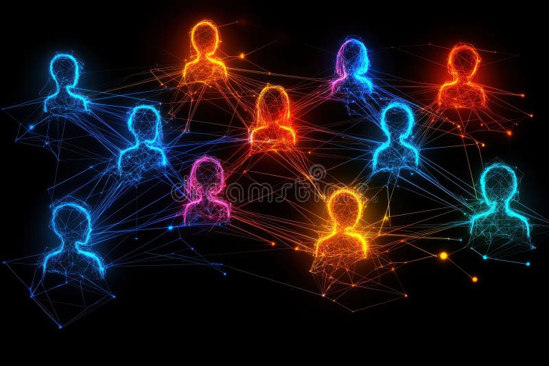 Vibrant Network of Interconnected Nodes Representing Digital Connections with Glowing Lines in Various Colors on a Dark stock image