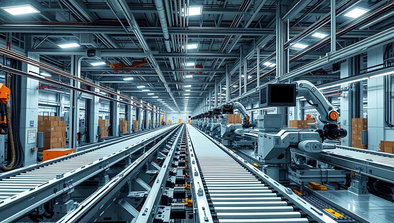 Automated Warehouse Conveyor System With Robotic Arms royalty free illustration