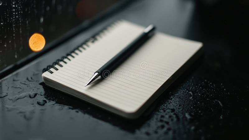 A notebook and pen on a window sill. The image shows a black pen resting on a spiral-bound notepad placed on a black surface. The notepad is slightly tilted to the right, and the pen is positioned near the top left corner of the notepad. The surface appears to be wet, with water droplets scattered across it. A small, round, orange object is visible in the background, possibly a sticker or a piece of paper. AI generated