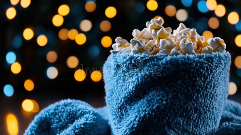 The image shows a blue, fuzzy blanket or throw draped over a surface, with a bowl of popcorn resting on top. The popcorn is a mix of white and yellow kernels, and it appears to be in a dark blue or black bowl. The background is out of focus, but features a bokeh effect with warm yellow and orange lights, creating a warm and inviting atmosphere. Fuzzy surface stock images, royalty-free photos and pictures