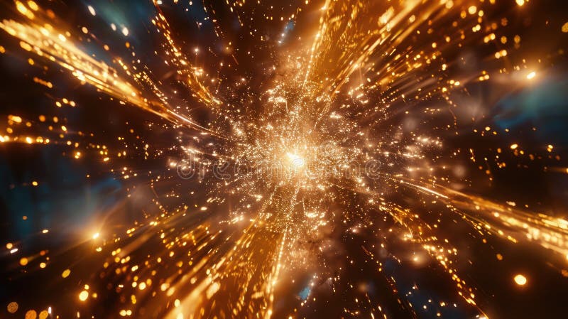 The image shows a bright light in the center with glowing particles expanding outward in a circular pattern. The colors stock photography