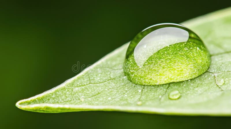 The image shows a close-up view of a single water droplet resting on a vibrant green leaf. The droplet is spherical and has a transparent surface, with a slight sheen. It is positioned near the center of the leaf, with its edges slightly blurred, suggesting a shallow depth of field. The leaf itself is a rich shade of green, with a slightly fuzzy or textured surface. The background is a dark, out-of-focus green, providing a stark contrast to the bright green of the leaf and the transparent droplet. Fuzzy surface stock images, royalty-free photos and pictures