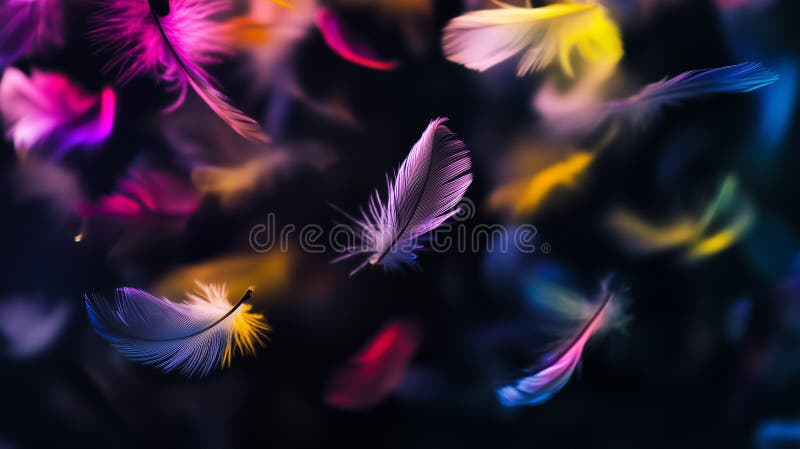 Colorful Feathers in Motion Floating on a Dark Background with Vibrant Colors and Soft Focus royalty free illustration