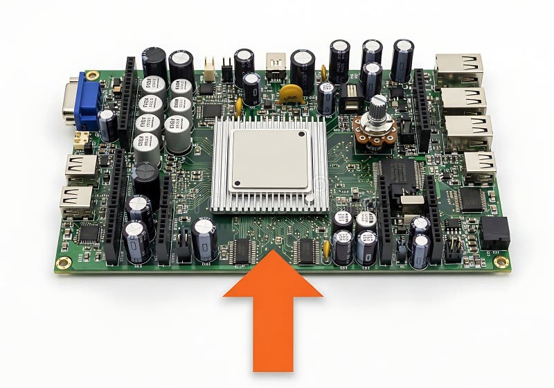 This image shows an embedded system development board featuring various electronic components. The central processing unit (CPU) is prominently highlighted by an arrow, indicating its importance. The board includes multiple connectors, capacitors, resistors, and other passive components, along with several ports for connectivity such as USB and Ethernet. Embedded system illustrations