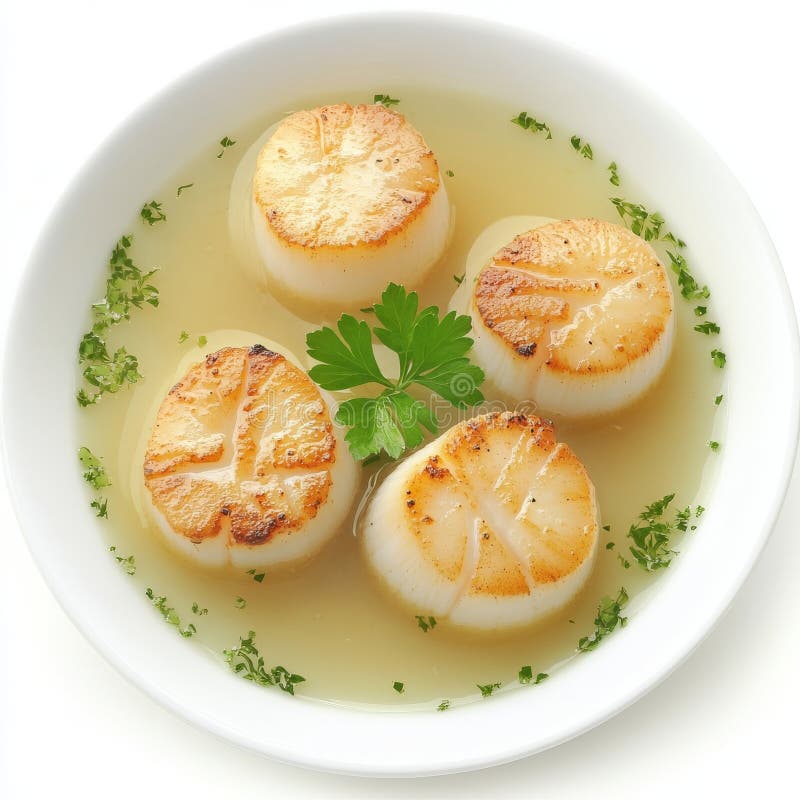 The image shows fried Scallops with sauce from the top, set against a plain white background royalty free stock photography