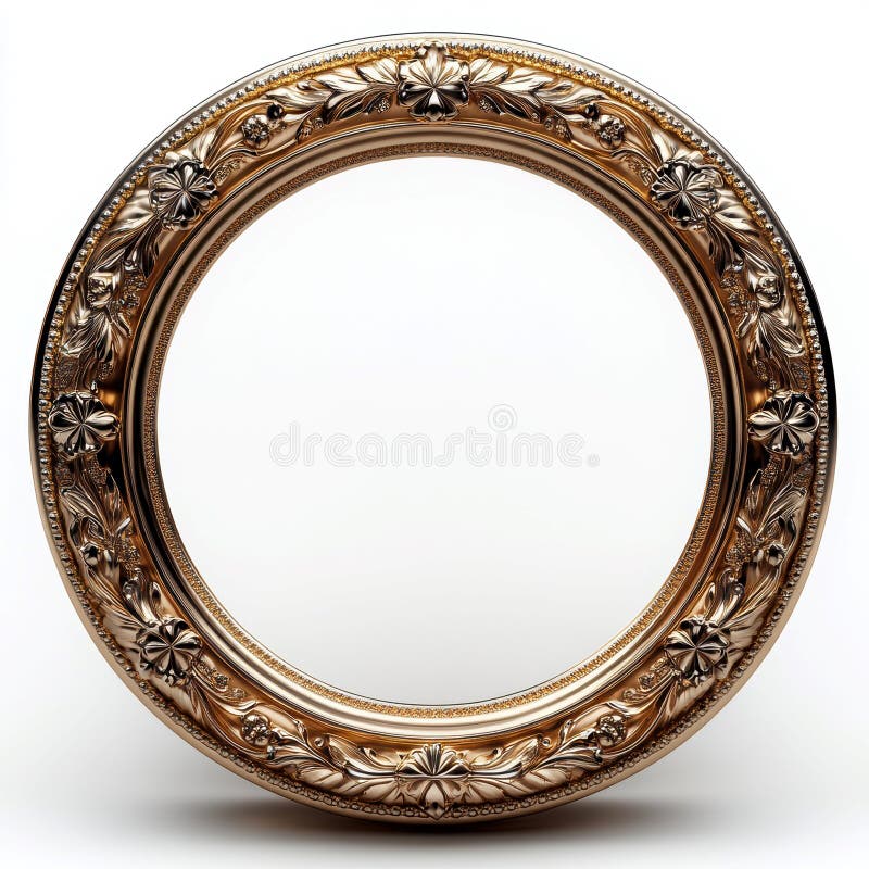 Image shows a gold and cream circular mirror with floral patterns, set against a white background - AI-Generated royalty free stock image